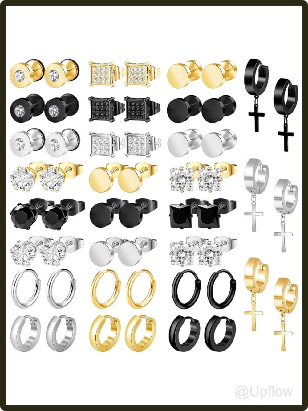 Men's Stainless Steel Cubic Zirconia Earrings 27 Pair Stud Hoop Dangle Set